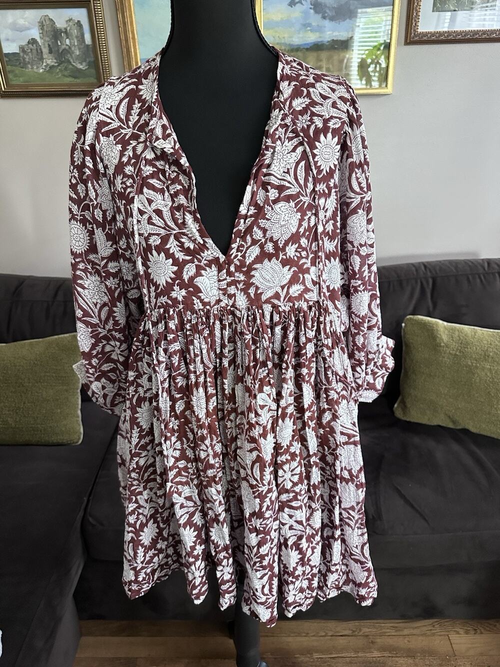 Daughters of India Kyra Mini Floral Swing Dress Brown Size M READ DES Fall